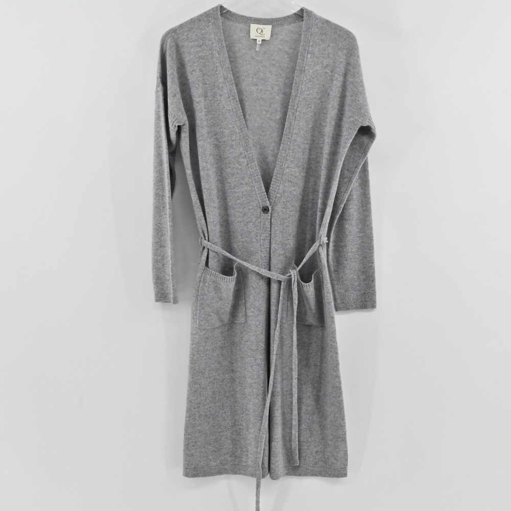 Qi Cashmere Duster Cardigan Womens Size M Gray Belted Long Sweater Luxury Soft